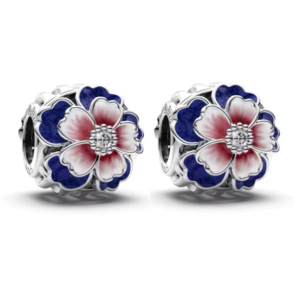 PAIR***Floral Charms with Pink & Blue Enamel